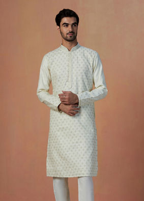 alt message - Manyavar Men White Self Design Kurta Pajama image number 1
